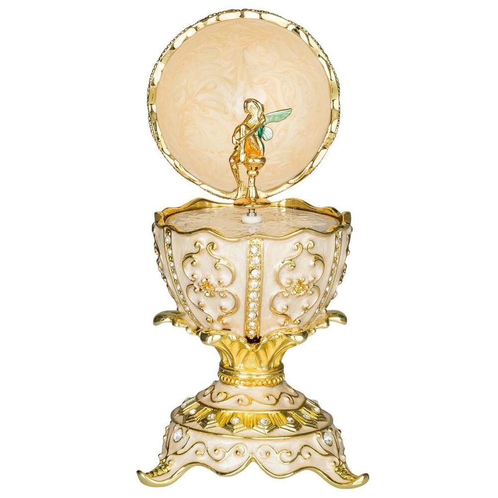 4760 Faberge Style Egg Music Box with fairy figurine 5'' 12.5 cm cream